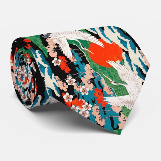 Japanse Sakura en rode kruid kranen Stropdas (Opgerold)