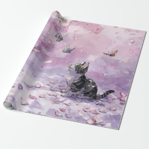 Japanse Sakura Kat met Blauwe & Roze Vlinders Cadeaupapier