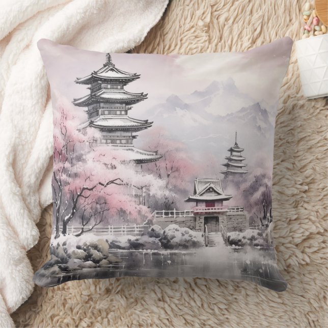 Japanse Sakura Tree Pagode en Brug Roze Grijs Kussen (Deken)