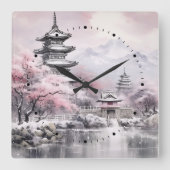 Japanse Sakura Tree Pagode en Brug Roze Grijs Vierkante Klok (Voorkant)