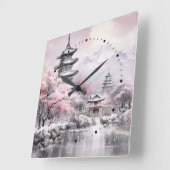 Japanse Sakura Tree Pagode en Brug Roze Grijs Vierkante Klok (Hoek)