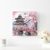 Japanse Sakura Tree Pagode en Brug Roze Grijs Vierkante Klok (Huis)