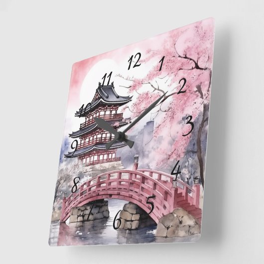 Japanse Sakura Tree Pagode en Brug Roze Grijs Vierkante Klok (Hoek)