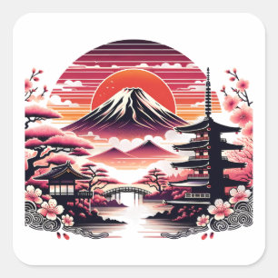 Japanse Sakura Tuin Mount Fuji Kersenbloesem Vierkante Sticker