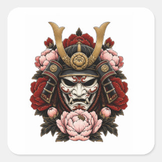 Japanse Samurai Krijger Roos Tatoeage Kunst Vierkante Sticker