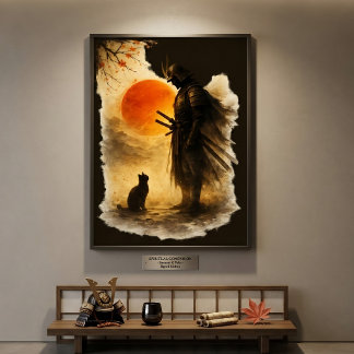 Japanse Samurai Krijger & Zwarte Kat Onder Bloedma Poster