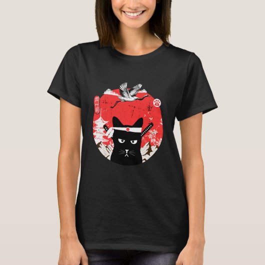  Japanse Samurai zwarte kat T-shirt (Voorkant)
