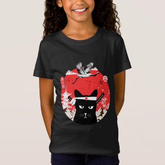 Japanse Samurai zwarte kat T-shirt (Voorkant)