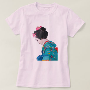 Japanse schattige Geisha met kersenbloesem T-shirt