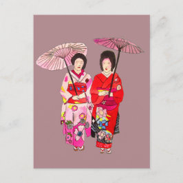 Japanse schattige Geisha met roze kimono Briefkaart