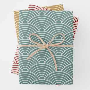 Japanse Seigaiha Wave Sage Green, Mustard, Red Inpakpapier Vel