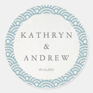 Japanse Seigaiha Waves Custom Names+Date Weddensch Ronde Sticker