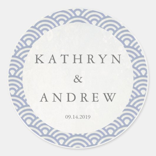 Japanse Seigaiha Waves Custom Names+Date Weddensch Ronde Sticker (Voorkant)