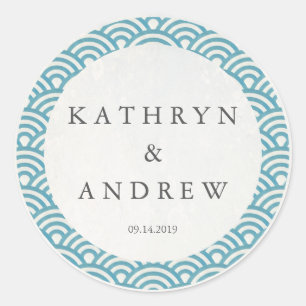 Japanse Seigaiha Waves Custom Names+Date Weddensch Ronde Sticker