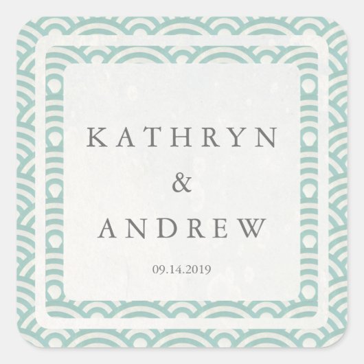 Japanse Seigaiha Waves Custom Names+Date Weddensch Vierkante Sticker (Voorkant)