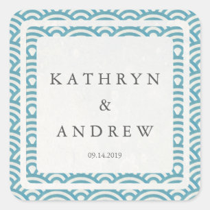 Japanse Seigaiha Waves Custom Names+Date Weddensch Vierkante Sticker