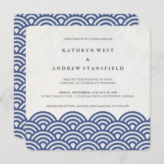 Japanse Seigaiha Waves Elegant Beach Wedding Kaart (Voorkant / Achterkant)