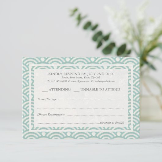 Japanse Seigaiha Waves Elegant Beach Wedding RSVP (Staand voorkant)