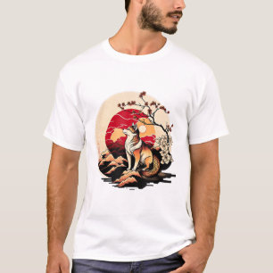 Japanse Shiba Inu Hond Zonsondergang Ukiyo e Stijl T-shirt