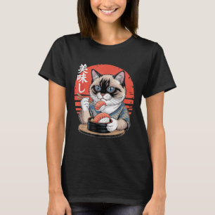 Japanse Siamese Kat Eet Sushi Kawaii Anime Kat T-shirt