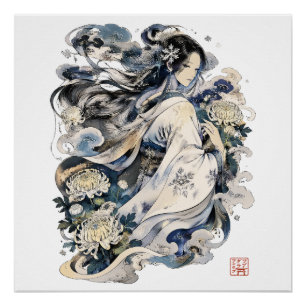 Japanse Sneeuwvrouw Kunst   Winter Yokai in Kimono Perfect Poster