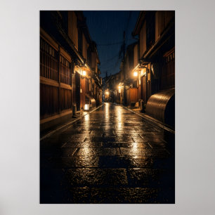 Japanse Steeg Regen Nacht Fotografie Kyoto Straat Poster