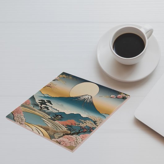 Japanse stijl berg Sakura pagode en zon Tegeltje