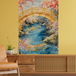 Japanse stijl boogbrug overspant een rustige rivie poster