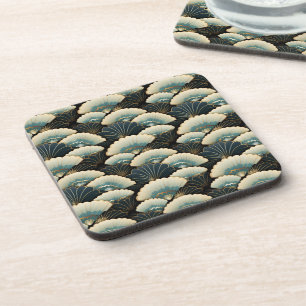 Japanse Stijl Crème Goud Blauwgroen Fan Print Bier Onderzetter