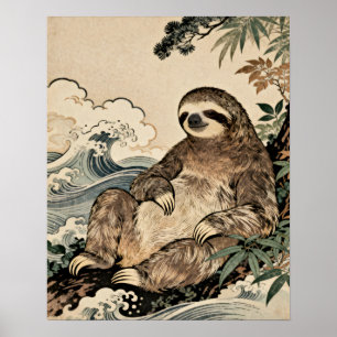 Japanse Stijl Luiaard Poster – Ontspannende Dieren