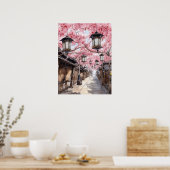 Japanse straat met Cherry Blossom Bomen Poster (Keuken)