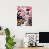 Japanse straat met Cherry Blossom Bomen Poster (Thuiskantoor)