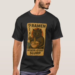 Japanse Sumo Zwarte Kat Eet Ramen Noedels Retro T-shirt