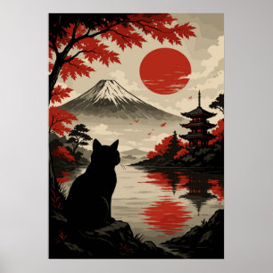 Japanse Sunset Cat met Mount Fuji en Pagoda Poster