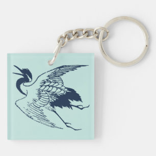  Japanse tekening van een kraan, blauw Sleutelhanger