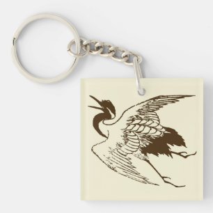 Japanse tekening van een kraan, bruin Sleutelhanger