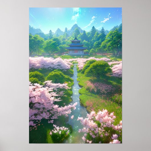 Japanse tempel in een Sakura-veld Poster (Voorkant)