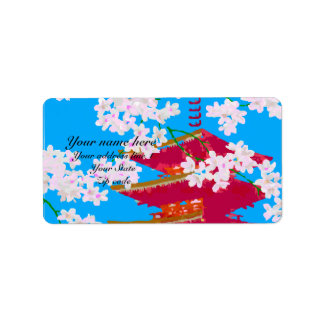 Japanse tempel met kersenbloesem etiket