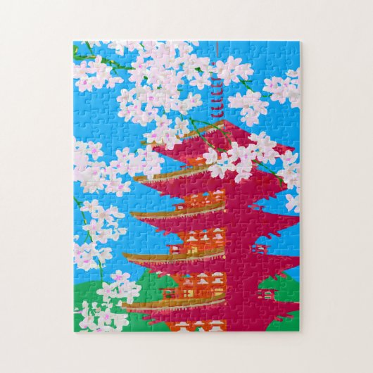 Japanse tempel met kersenbloesem legpuzzel (Verticaal)