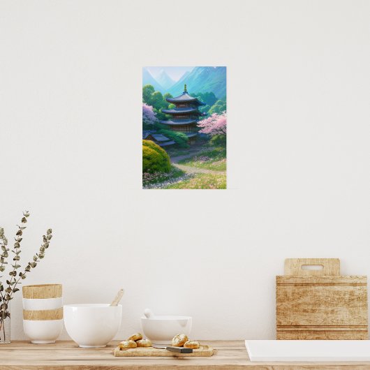 Japanse tempelamper mooi landschap poster (Keuken)
