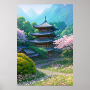 Japanse tempelamper mooi landschap poster