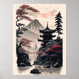 Japanse tempellandschap poster – Zen berg