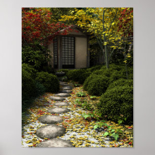 Japanse Theehuis en Tuin in Herfst Poster
