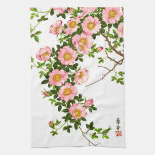 Japanse torenbloesems, roze en goud Theedoek