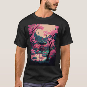 Japanse tuin Kersenbloesembrug schrine roze T-shirt