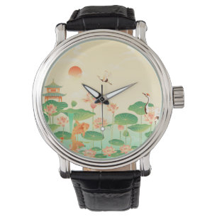 Japanse Tuin Koi Vijver en Waterlelies Kunst Horloge