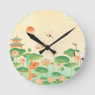 Japanse Tuin Koi Vijver en Waterlelies Kunst Ronde Klok