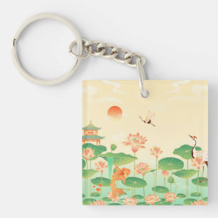 Japanse Tuin Koi Vijver en Waterlelies Kunst Sleutelhanger