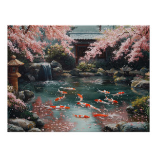 Japanse tuin met koi en kersenbloesems perfect poster
