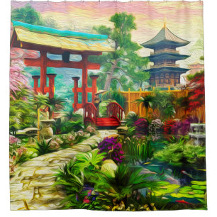 Japanse tuin Pagoda Sakura en waterval Douchegordijn